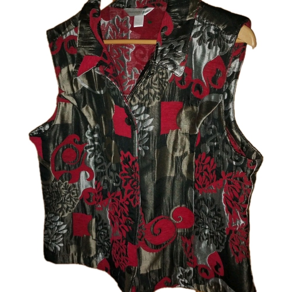 Christopher & Banks Women XL Vest JacquardFloral Black Red Swirl Silver Button